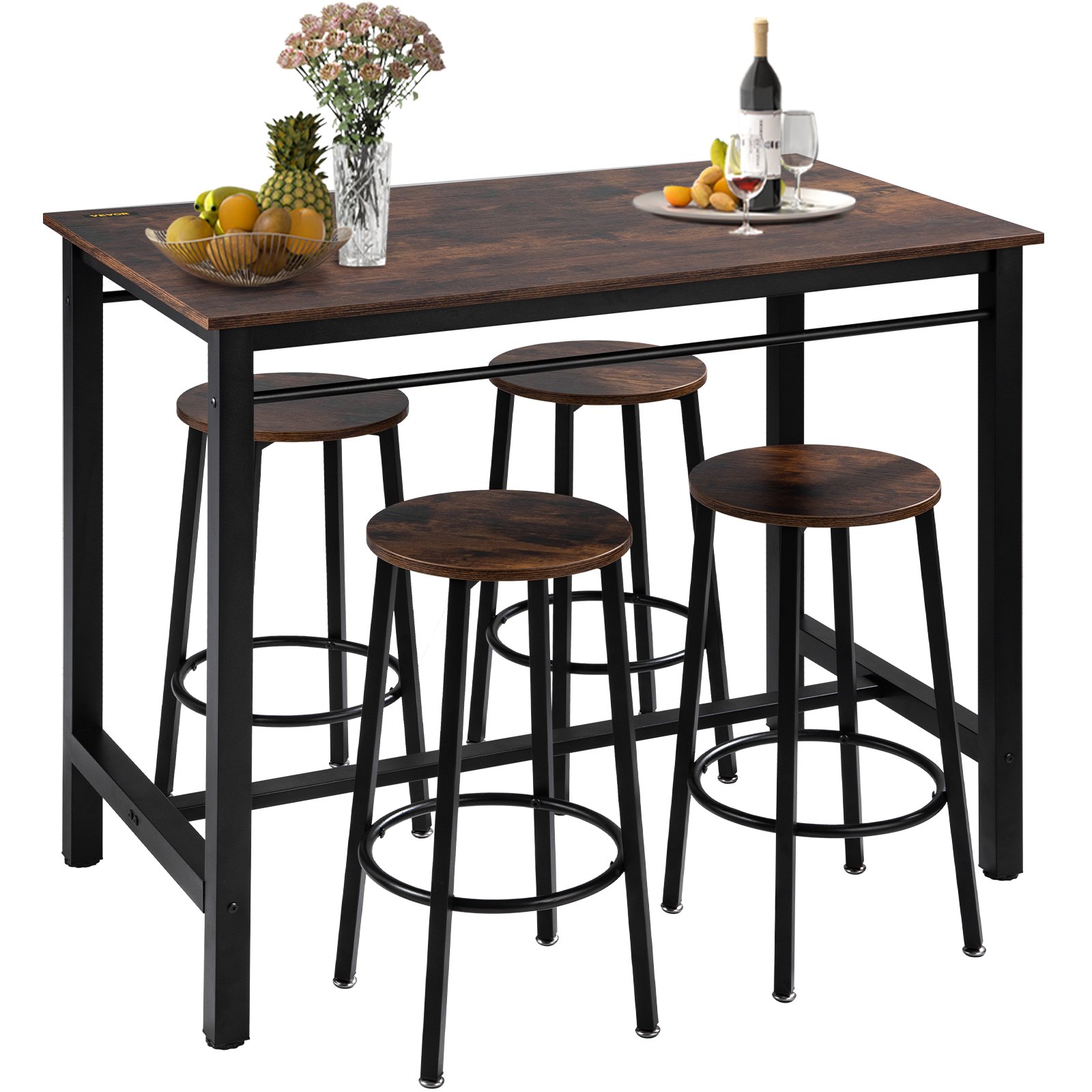 VEVOR Bar Table and Chairs Set 43" Pub Table Set with 4 Bar Stools Kitchen Dining Table and Chairs Set for 4 Iron Frame Counter Height Dining Sets for Home, Kitchen, Living Room