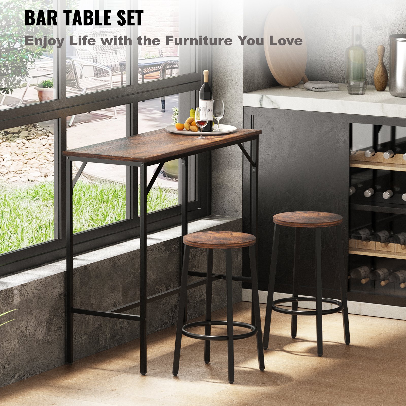 VEVOR Bar Table and Chairs Set 39" Pub Table Set with 2 Bar Stools Kitchen Dining Table and Chairs Set for 2 Iron Frame Counter Height Dining Sets for Home, Kitchen, Living Room