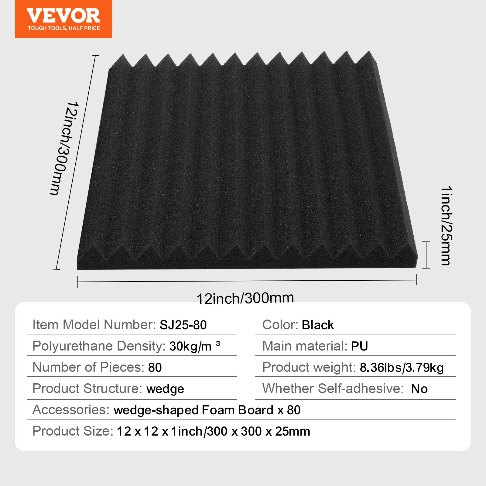VEVOR Acoustic Foam Panels, 80 Pack 12 x 12 x 1 inches, High Density Soundproof Wall Panels, Sound Dampening Absorbing Panels for Studio Wall and Ceiling,Black