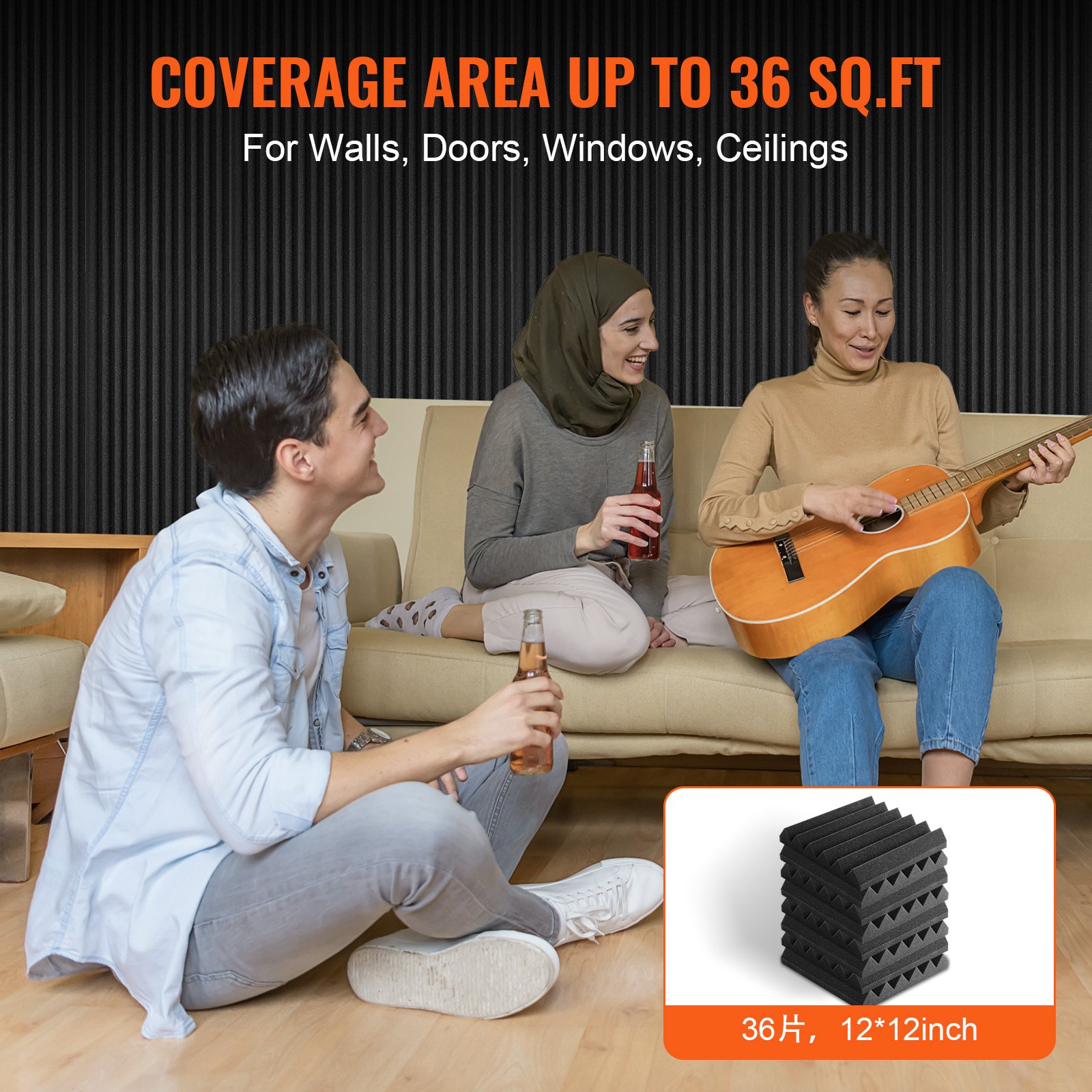 VEVOR Acoustic Foam Panels, 36 Pack 12 x 12 x 2 inches, High Density Soundproof Wall Panels,Fire-Resistant Acoustic Panels,Sound Dampening Absorbing Panels for Studio Wall and Ceiling,Black