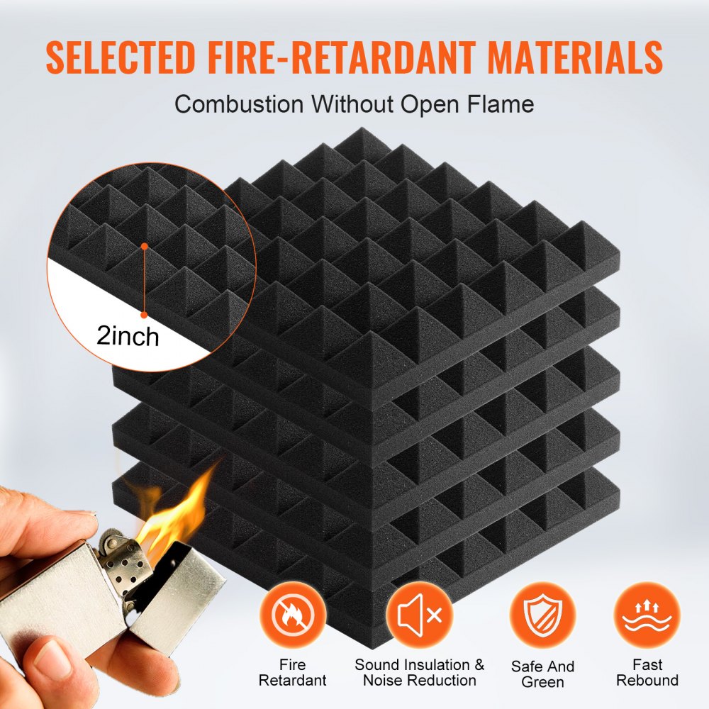 VEVOR Acoustic Foam Panels, 36 Pack 12 x 12 x 2 inches, Pyramid Soundproof Wall Panels,Fire-Resistant Acoustic Panels,Sound Dampening Absorbing Panels for Studio Wall and Ceiling,Black