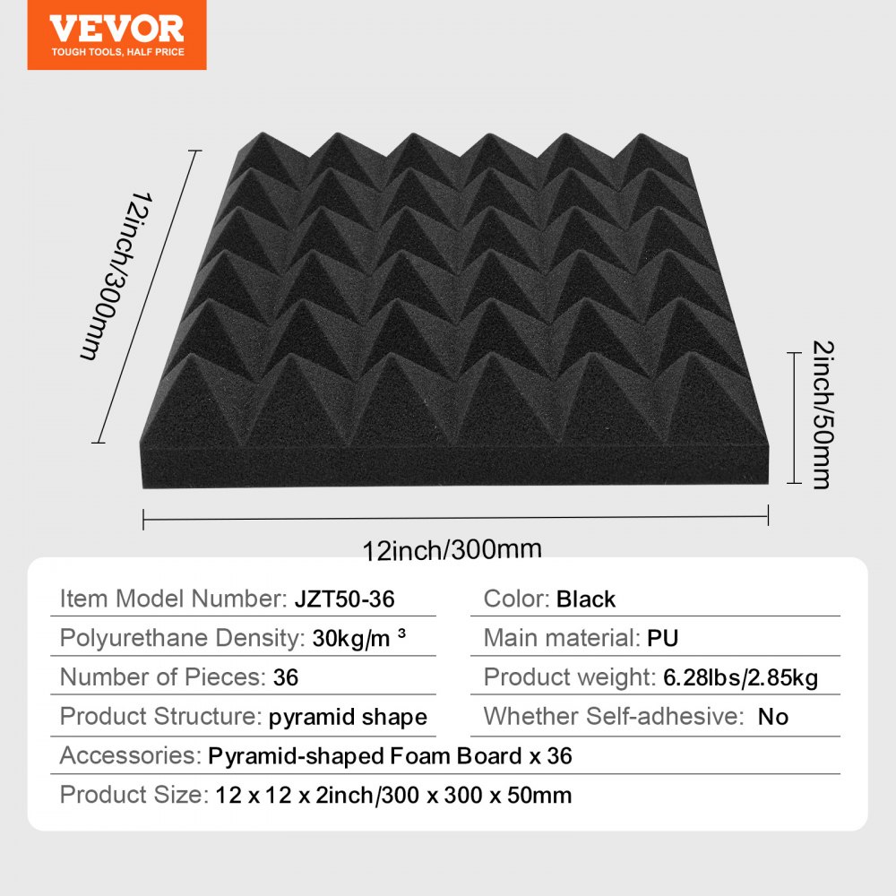 VEVOR Acoustic Foam Panels, 36 Pack 12 x 12 x 2 inches, Pyramid Soundproof Wall Panels,Fire-Resistant Acoustic Panels,Sound Dampening Absorbing Panels for Studio Wall and Ceiling,Black