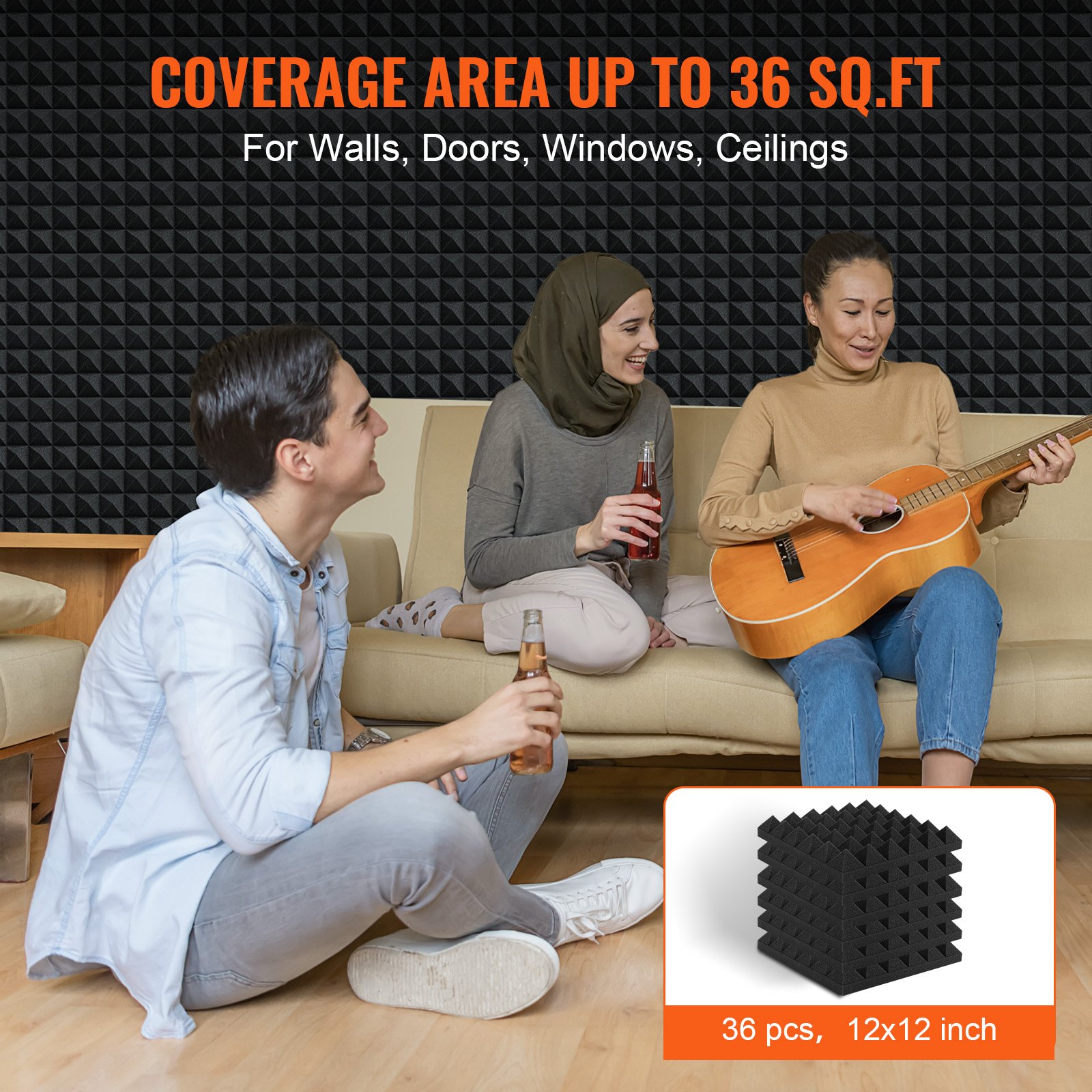 VEVOR Acoustic Foam Panels, 36 Pack 12 x 12 x 2 inches, Pyramid Soundproof Wall Panels,Fire-Resistant Acoustic Panels,Sound Dampening Absorbing Panels for Studio Wall and Ceiling,Black