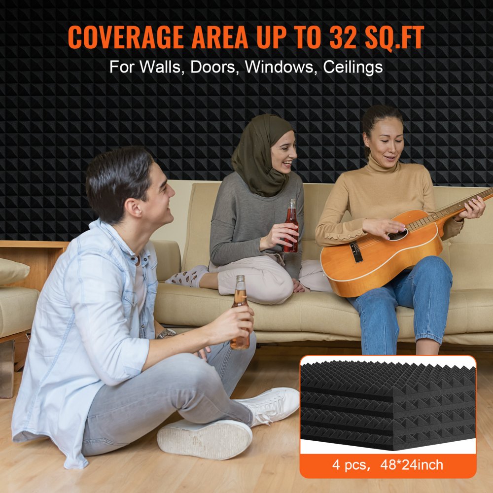 VEVOR Acoustic Foam Panels, 4 Pack 48 x 24 x 2 inches, Pyramid Designed Soundproof Wall Panels,Fire-Resistant Acoustic Panels,Sound Dampening Absorbing Panels for Studio Wall and Ceiling,Black