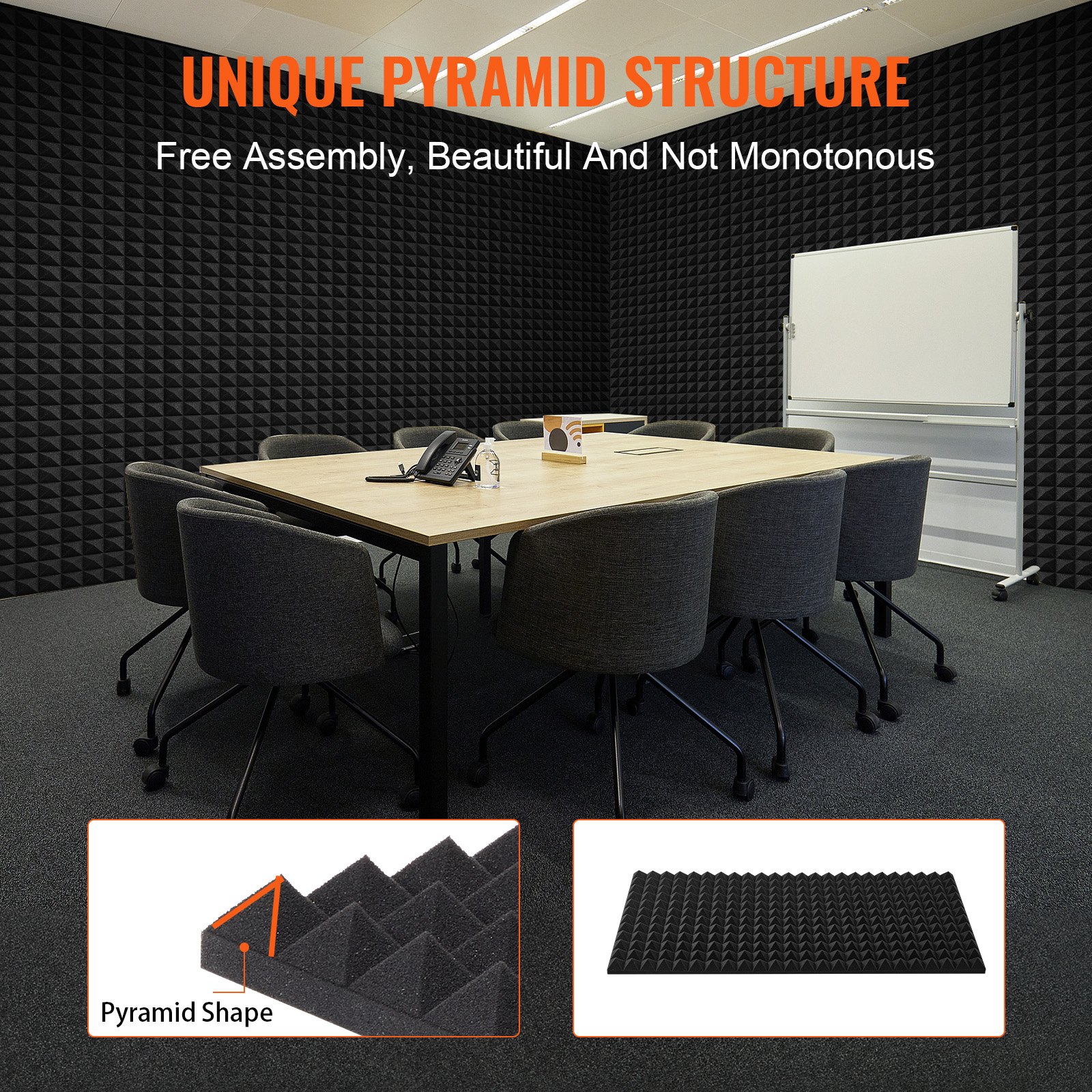 VEVOR Acoustic Foam Panels, 4 Pack 48 x 24 x 2 inches, Pyramid Designed Soundproof Wall Panels,Fire-Resistant Acoustic Panels,Sound Dampening Absorbing Panels for Studio Wall and Ceiling,Black