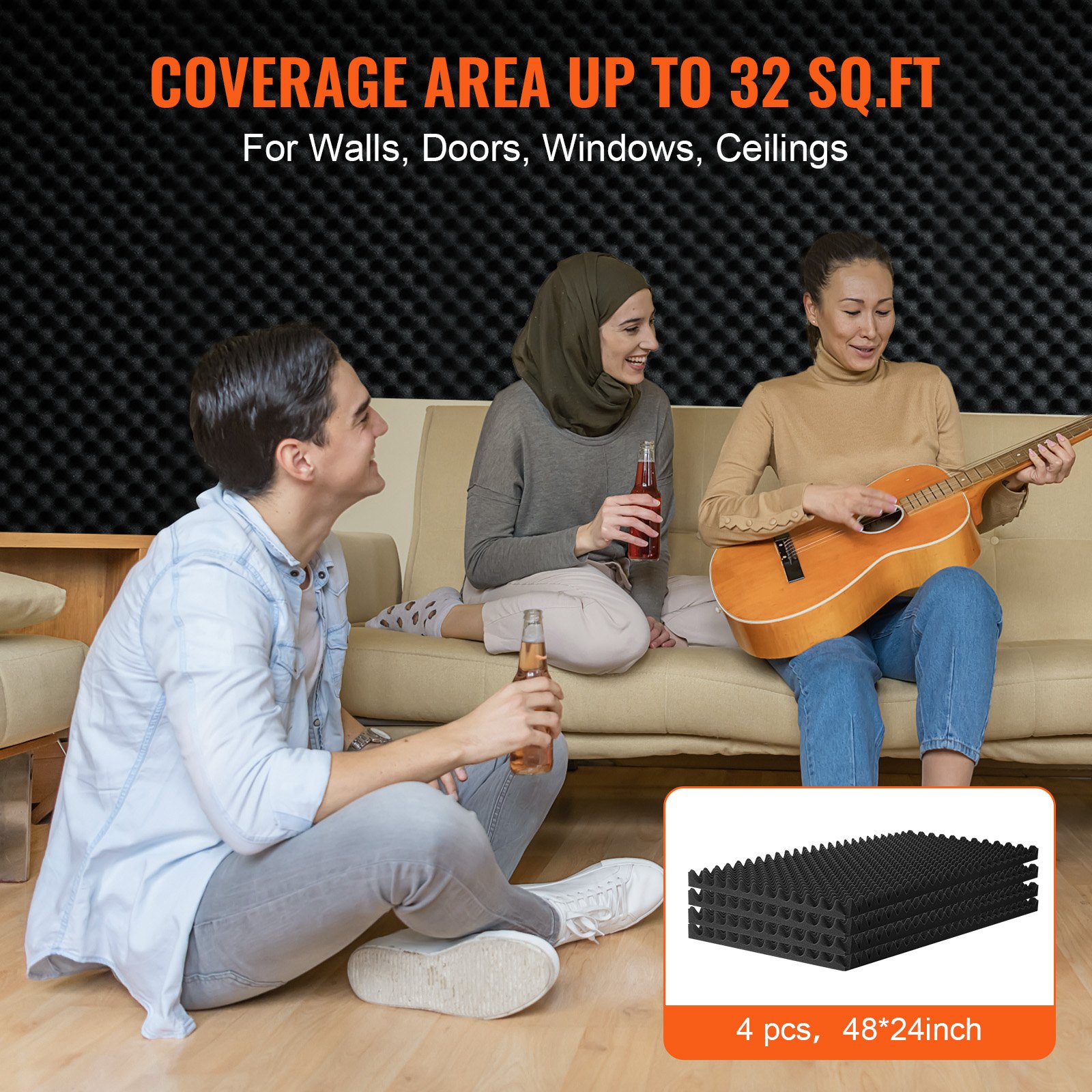 VEVOR Acoustic Foam Panels, 4 Pack 48 x 24 x 2 inches, Egg Designed Soundproof Wall Panels, Sound Dampening Absorbing Panels for Studio Wall and Ceiling,Black