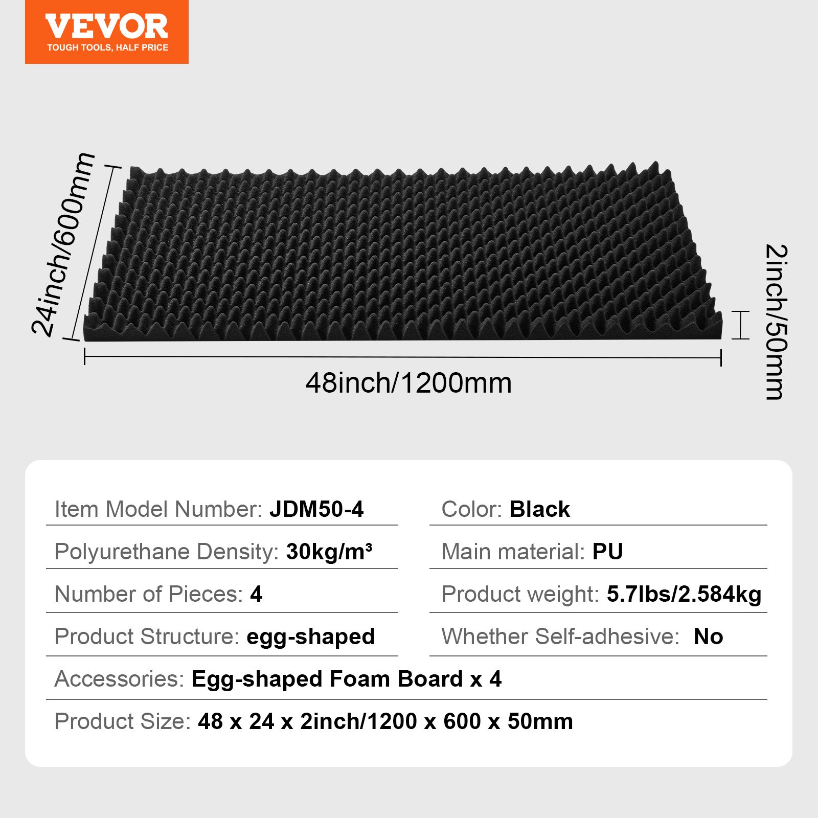VEVOR Acoustic Foam Panels, 4 Pack 48 x 24 x 2 inches, Egg Designed Soundproof Wall Panels, Sound Dampening Absorbing Panels for Studio Wall and Ceiling,Black