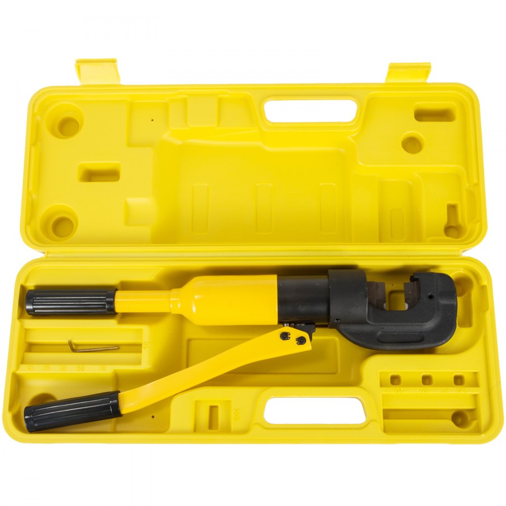 yellow case housing a VEVOR hydraulic rebar cutter with black handles.