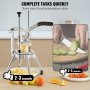 VEVOR vegetable chopper on a counter with sliced vegetables and prep time comparison to knife cutting.