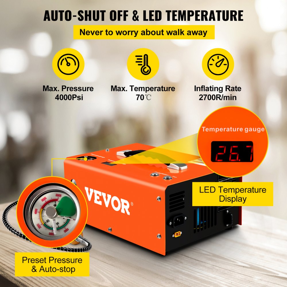 VEVOR PCP Air Compressor, 4000PSI Portable PCP Compressor, 24V DC 110V/220V AC PCP Compressor Auto-stop, w/Built-in Adapter and Cooling Fan System