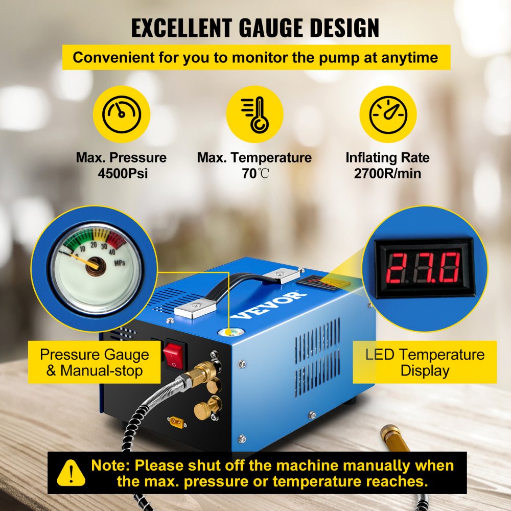 VEVOR PCP Air Compressor, 4500PSI Portable PCP Compressor, 12V DC/110V AC, Manual-stop, w/External Power Adapter, Built-in Fan, Suitable for Paintball & Sports Equipment