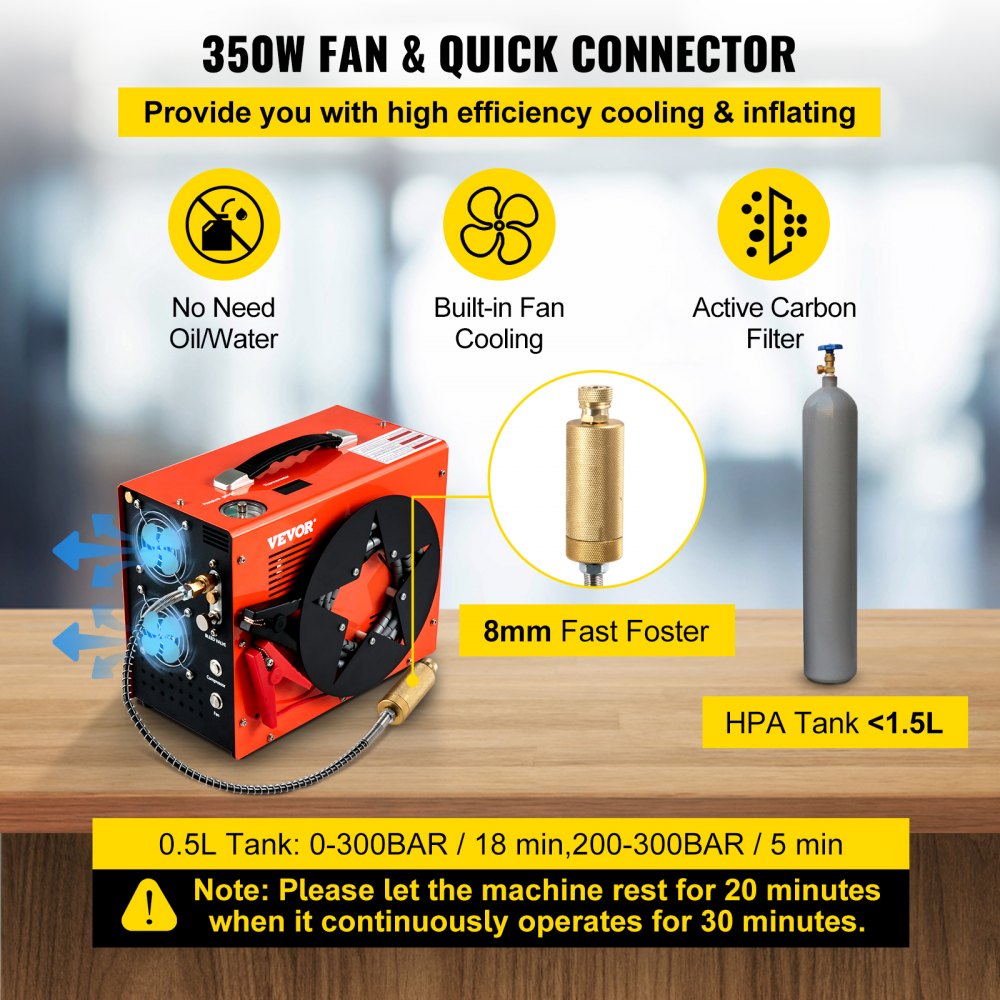 VEVOR PCP Air Compressor, Auto-stop Powered by DC 12V Car or Home AC 110V/220V, 4500Psi/30Mpa/300Bar with Built-in Water & Oil Adapter and  Cooling Fan System