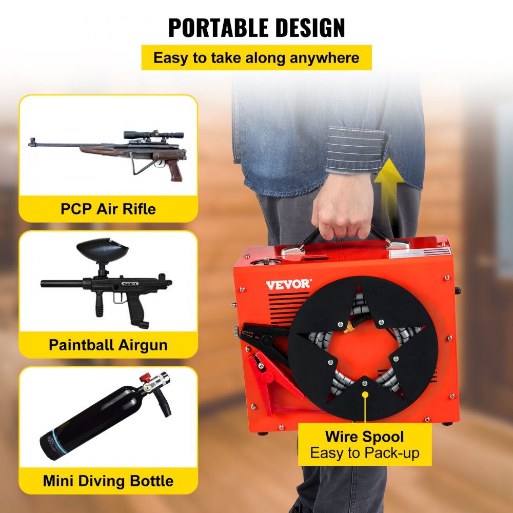 VEVOR PCP Air Compressor, Auto-stop Powered by DC 12V Car or Home AC 110V/220V, 4500Psi/30Mpa/300Bar with Built-in Water & Oil Adapter and  Cooling Fan System