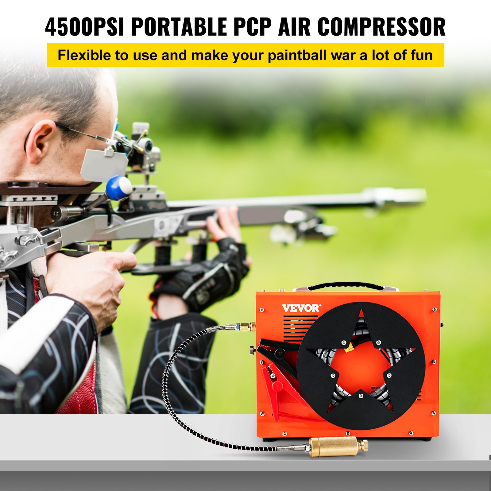 VEVOR PCP Air Compressor, Auto-stop Powered by DC 12V Car or Home AC 110V/220V, 4500Psi/30Mpa/300Bar with Built-in Water & Oil Adapter and  Cooling Fan System