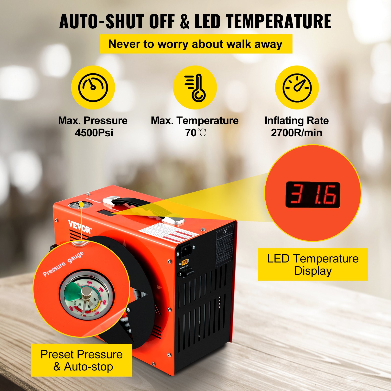 VEVOR PCP Air Compressor, Auto-stop Powered by DC 12V Car or Home AC 110V/220V, 4500Psi/30Mpa/300Bar with Built-in Water & Oil Adapter and  Cooling Fan System