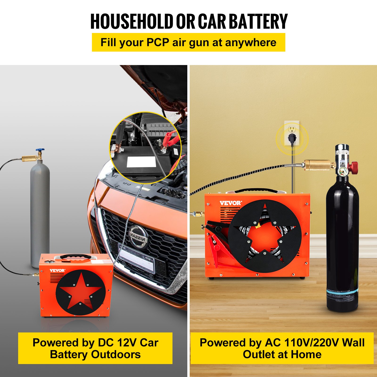 VEVOR PCP Air Compressor, Auto-stop Powered by DC 12V Car or Home AC 110V/220V, 4500Psi/30Mpa/300Bar with Built-in Water & Oil Adapter and  Cooling Fan System