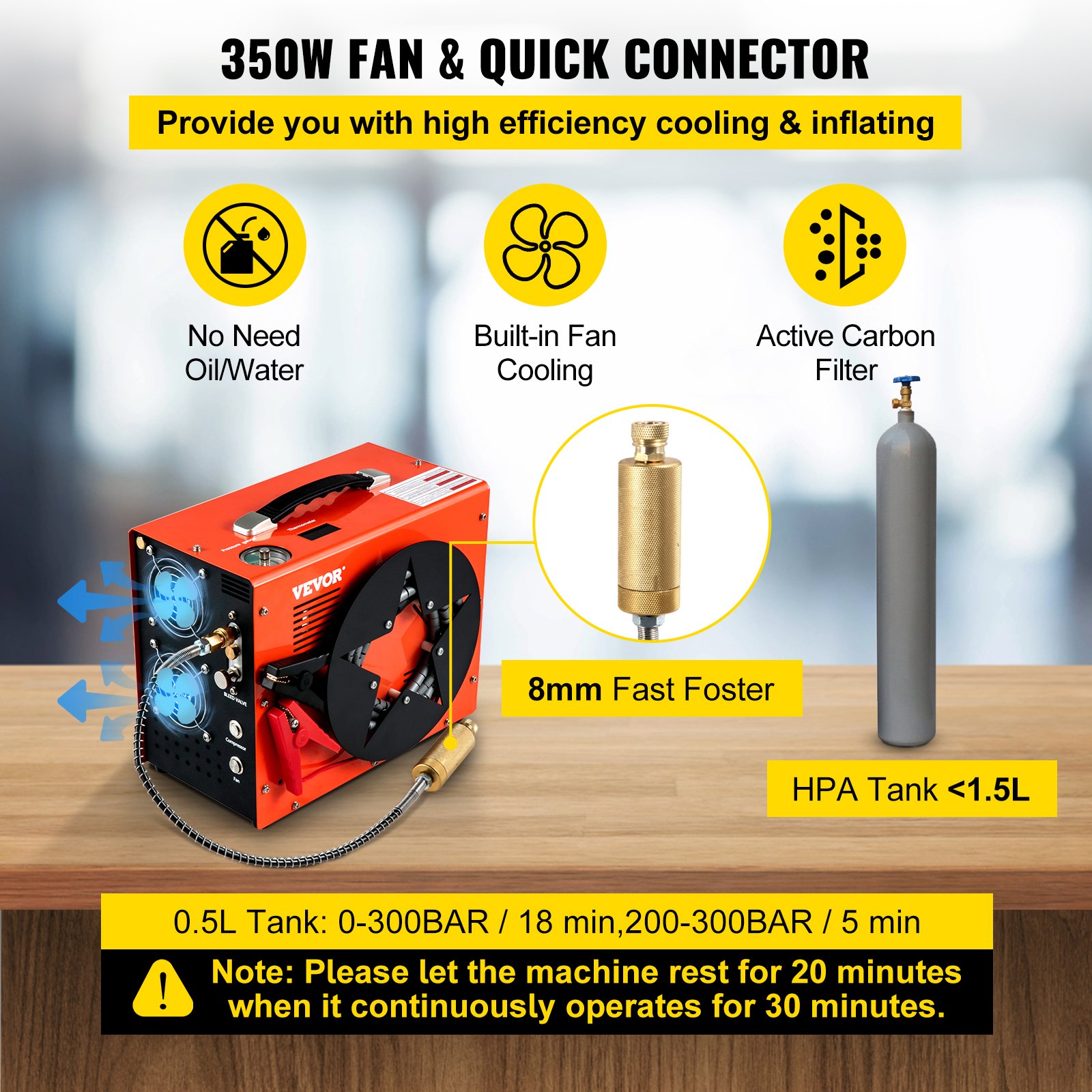 VEVOR PCP Air Compressor, Auto-stop Powered by DC 12V Car or Home AC 110V/220V, 4500Psi/30Mpa/300Bar with Built-in Water & Oil Adapter and  Cooling Fan System