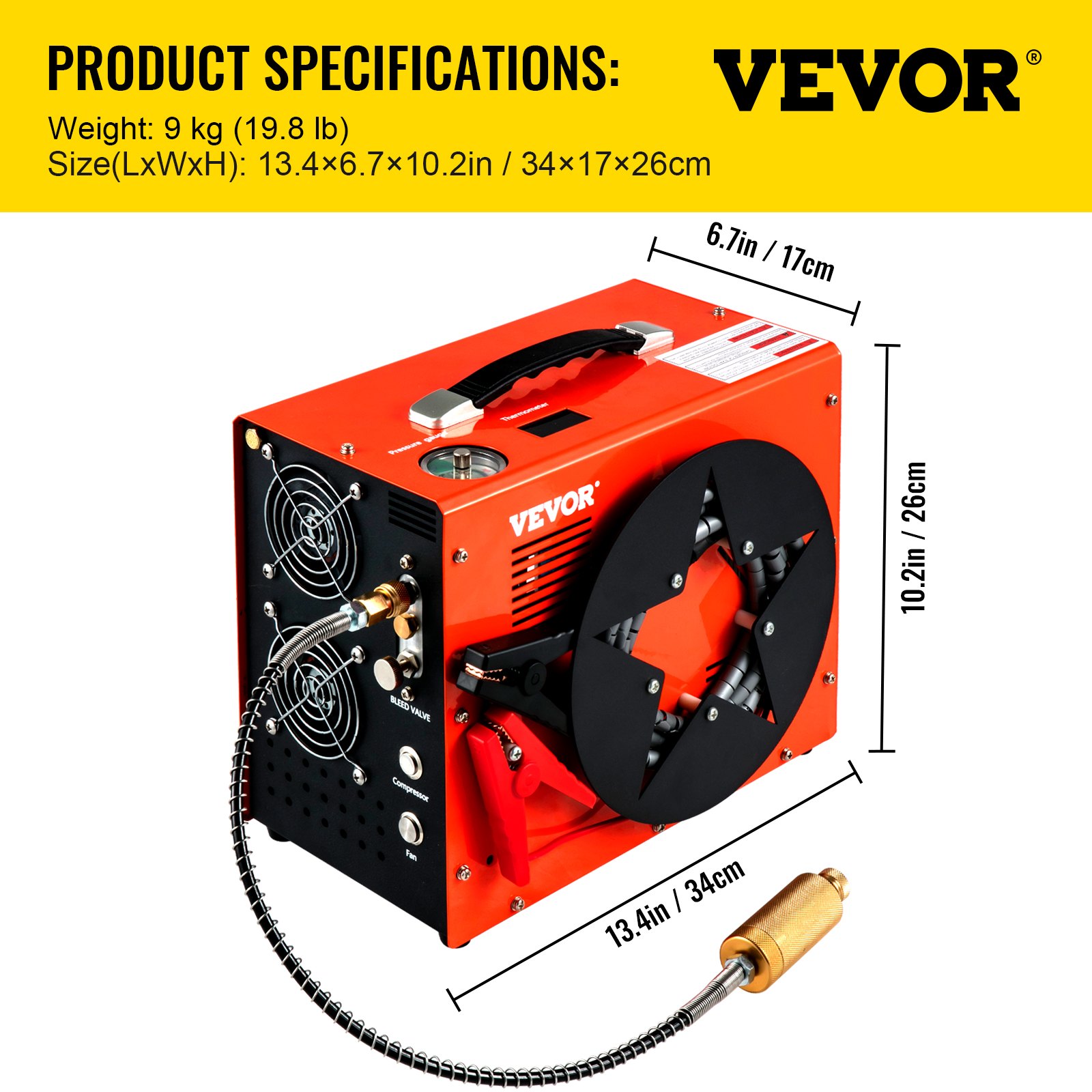 VEVOR PCP Air Compressor, Auto-stop Powered by DC 12V Car or Home AC 110V/220V, 4500Psi/30Mpa/300Bar with Built-in Water & Oil Adapter and  Cooling Fan System