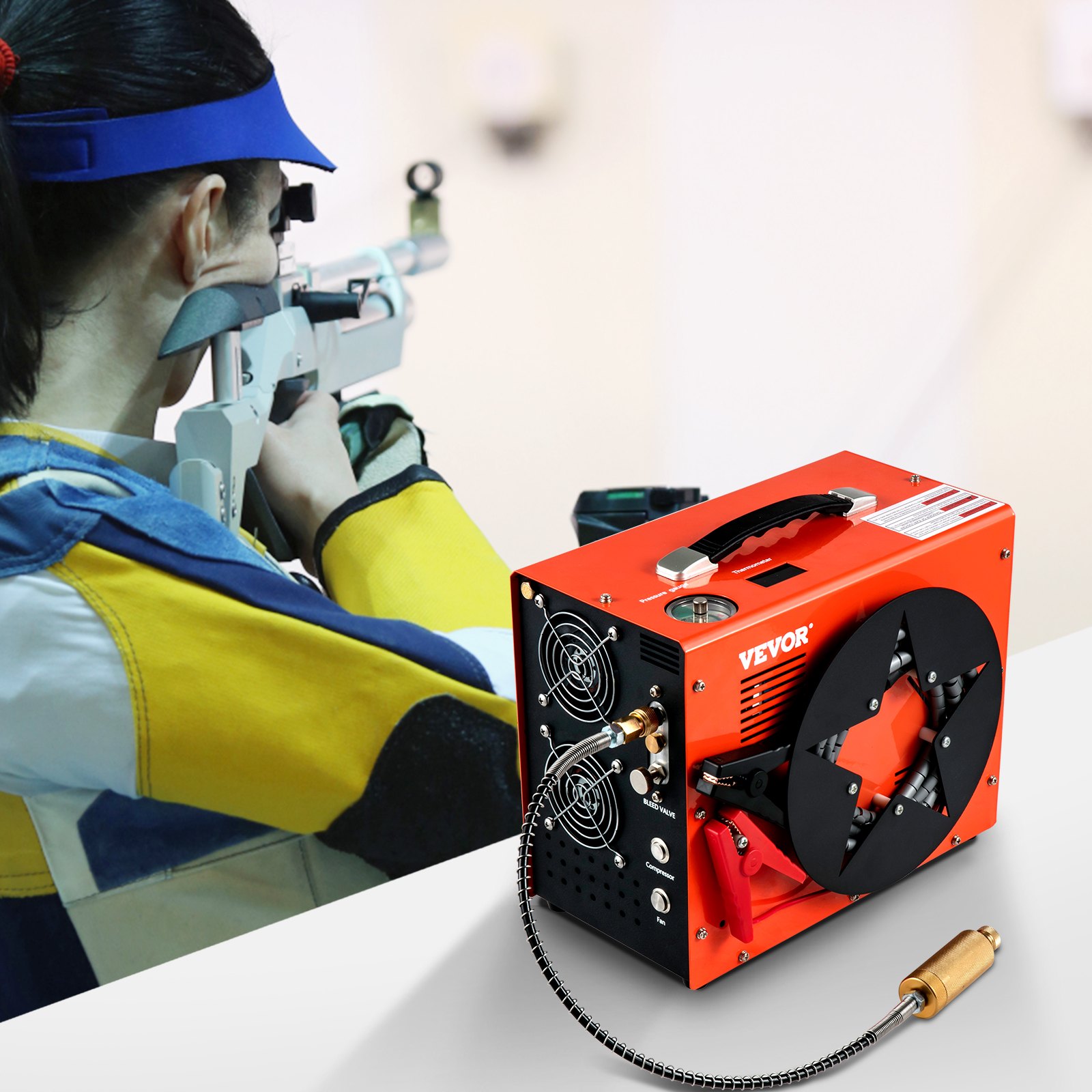 VEVOR PCP Air Compressor, Auto-stop Powered by DC 12V Car or Home AC 110V/220V, 4500Psi/30Mpa/300Bar with Built-in Water & Oil Adapter and  Cooling Fan System