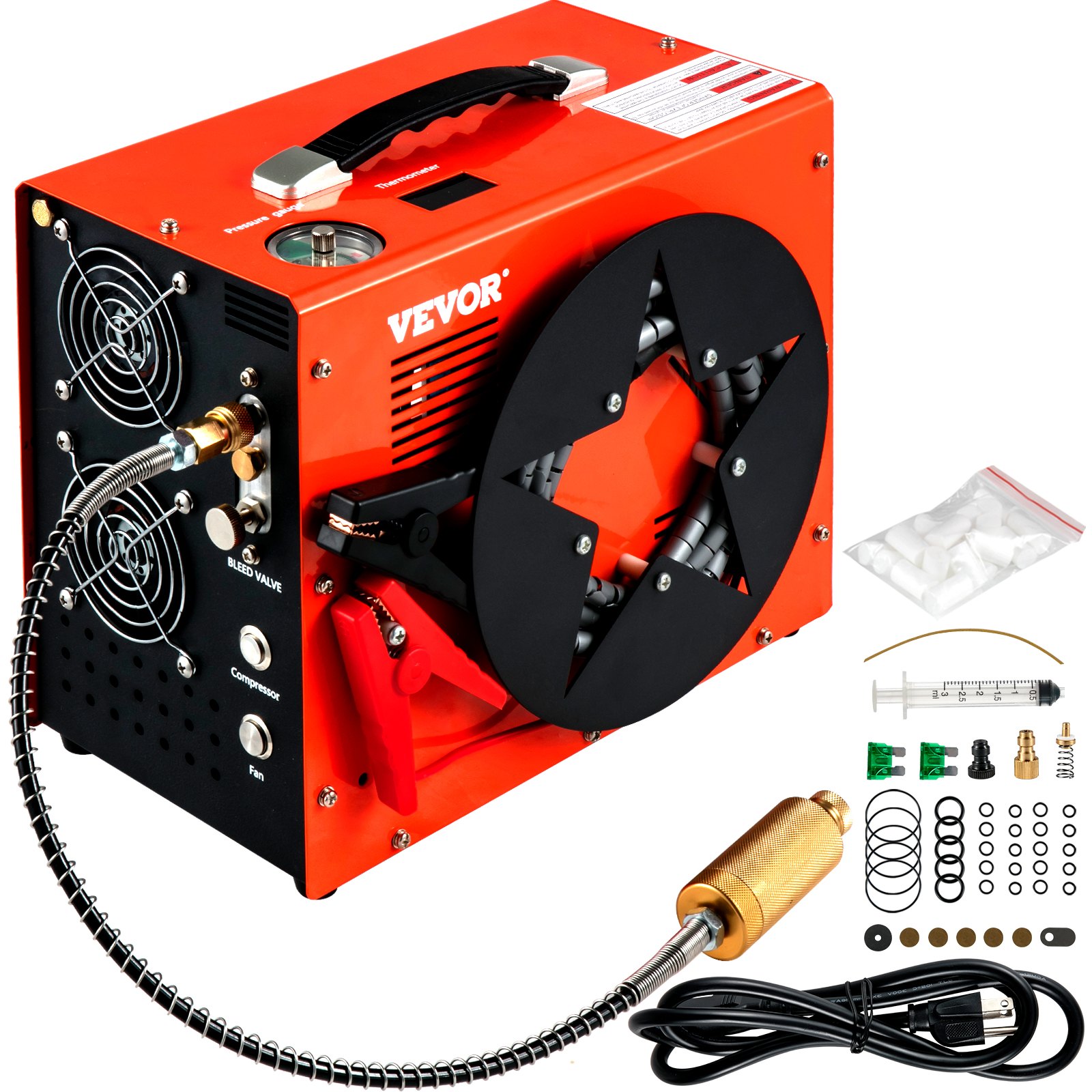 VEVOR PCP Air Compressor, Auto-stop Powered by DC 12V Car or Home AC 110V/220V, 4500Psi/30Mpa/300Bar with Built-in Water & Oil Adapter and  Cooling Fan System