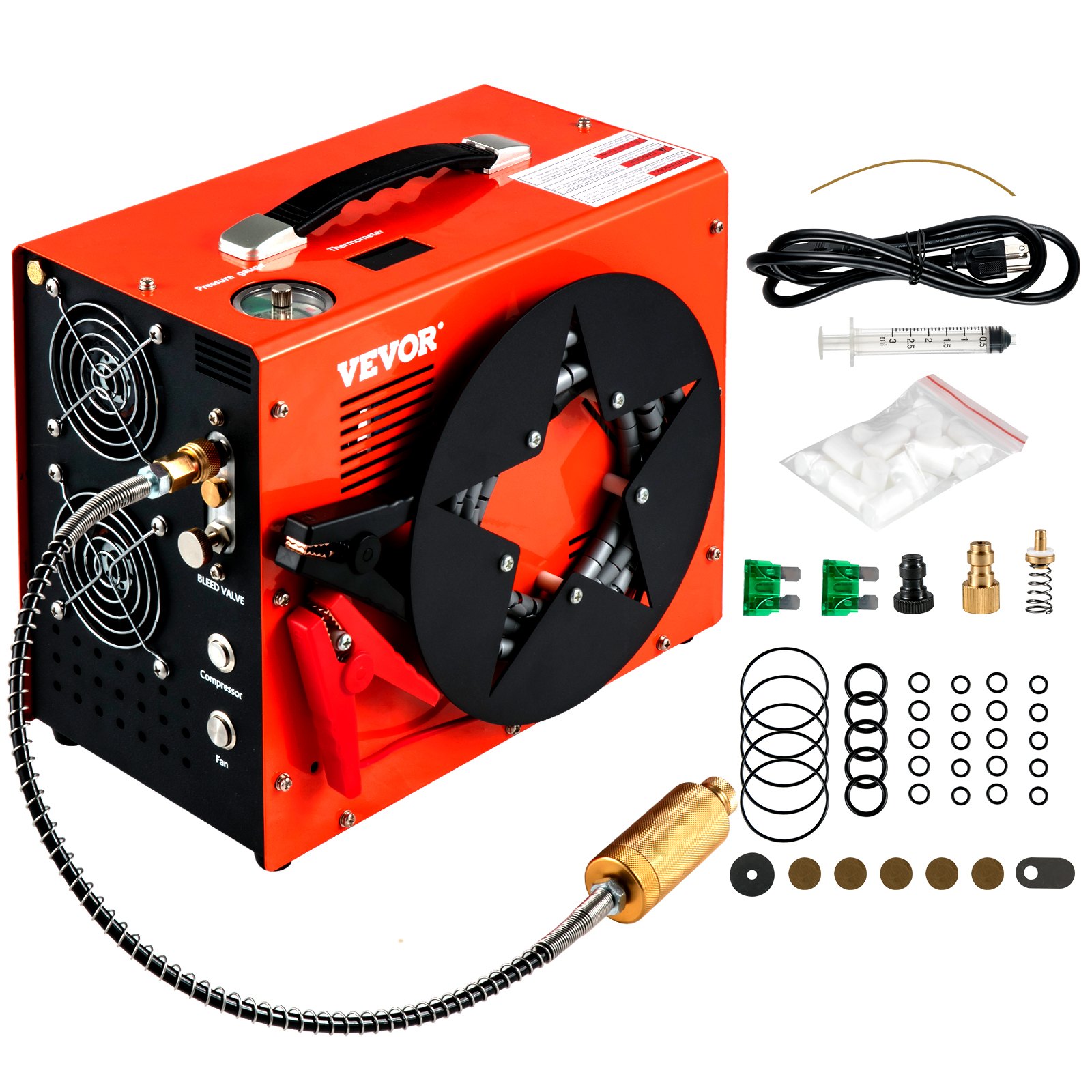 VEVOR PCP Air Compressor, Auto-stop Powered by DC 12V Car or Home AC 110V/220V, 4500Psi/30Mpa/300Bar with Built-in Water & Oil Adapter and  Cooling Fan System