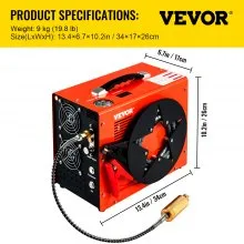 VEVOR PCP Air Compressor, 350W 2700 RPM Portable Diving Compressor, 4500 Psi High Pressure w/8 mm Quick Connector & Built-in Cooling Fan, 1.5L Tank Auto-shutoff Design Powered by Home & Car Battery