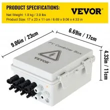 VEVOR PV Combiner Box, 4 String with 15A Rated Current Fuse, 63A Circuit Breaker, Lightning Arreste Connector for On/Off Grid Solar Panel System, IP65