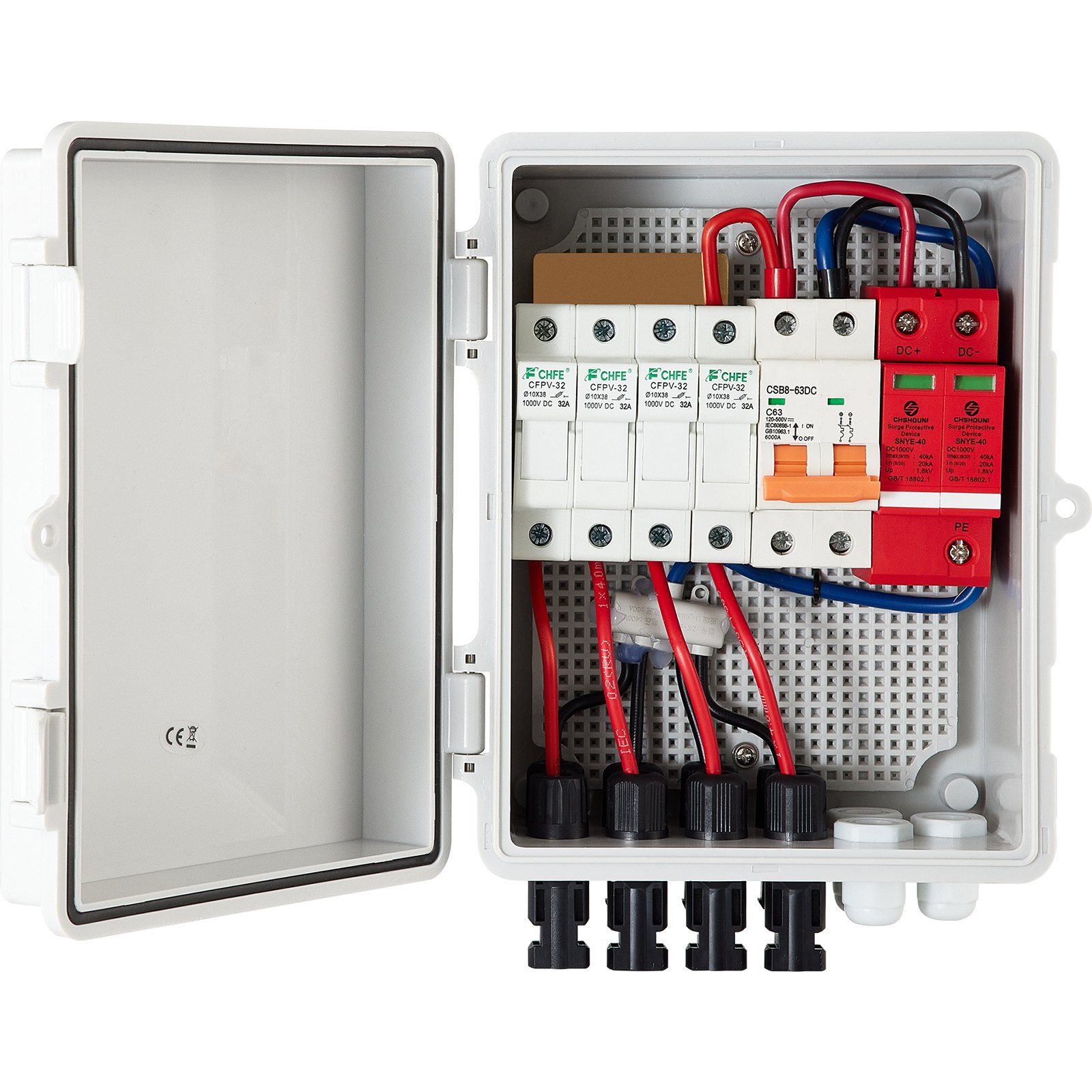 Sweiko PV Combiner Box, 4 String with 15A Rated Current Fuse, 63A Circuit Breaker, Lightning Arreste Connector for On/Off Grid Solar Panel System, IP65 Sweiko PV Combiner Box, 4 String with 15A Rated Current Fuse, 63A Circuit Breaker, Lightning Arreste Connector for On/Off Grid Solar Panel System, IP65