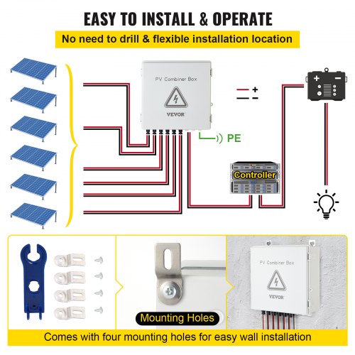 VEVOR PV Combiner Box, 6 String, Solar Combiner Box with 15A Rated Current Fuse, 125A Circuit Breaker, Lightning Arreste and Solar Connector, for On / Off Grid Solar Panel System, IP65 Waterproof