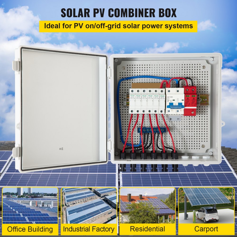 VEVOR PV Combiner Box, String, Solar Combiner Box with 15A Rated Current  Fuse, 125A Circuit Breaker, Lightning Arreste and Solar Connector, for  On/Off Grid Solar Panel System, IP65 Waterproof VEVOR