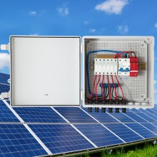 VEVOR Caja combinadora fotovoltaica, 6 cuerdas, caja combinadora solar con fusible de corriente nominal de 15 A, disyuntor de 125 A, pararrayos y conector solar, para sistema de panel solar de red de encendido/apagado, IP65 a prueba de agua