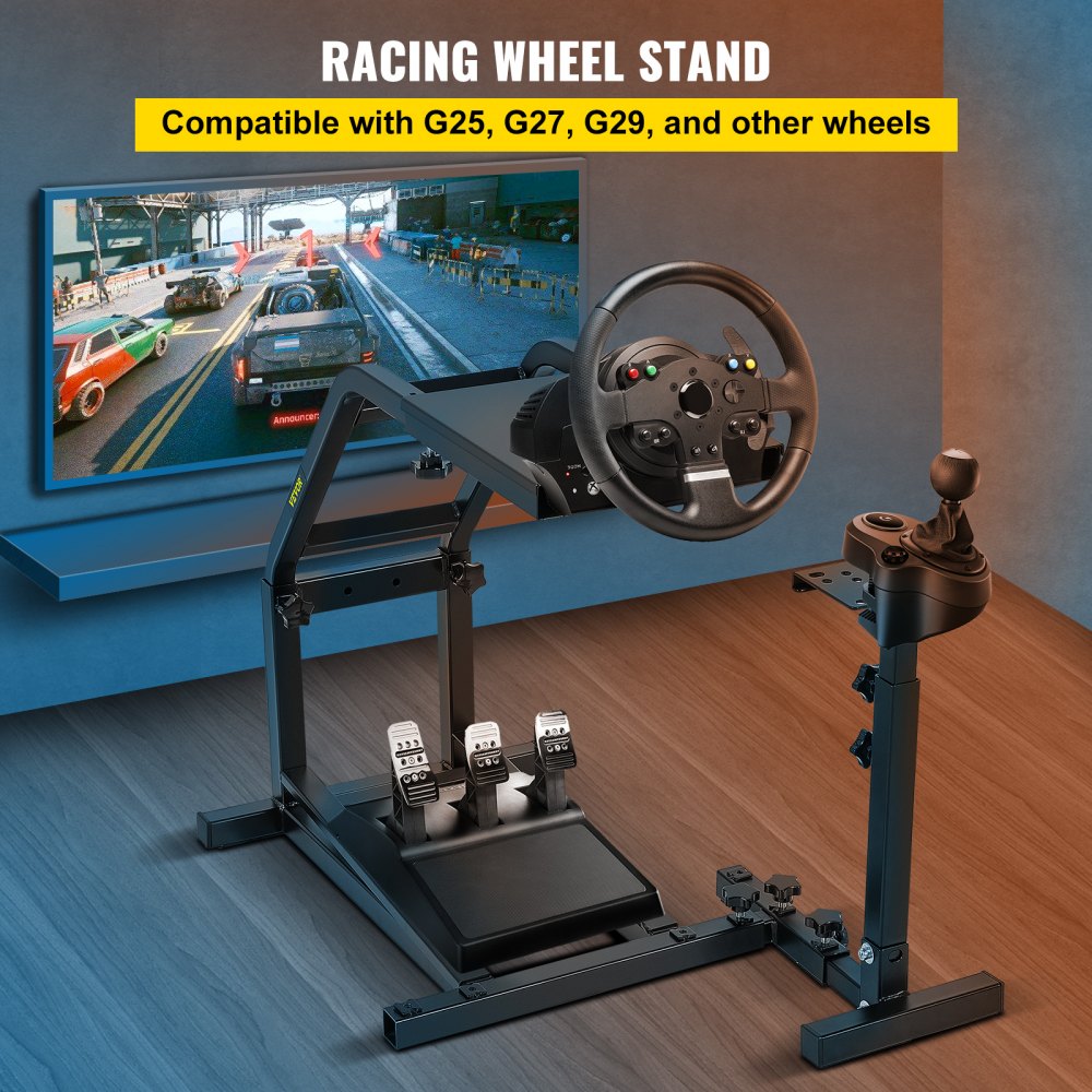 Soporte para volante de carreras VEVOR Racing Simulator con altura ajustable para cabina, compatible con volante de carreras Logitech G25, G27, G29, G920 y pedales no incluidos.
