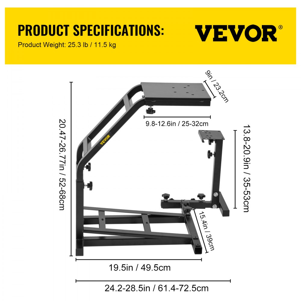 VEVOR racing simulator cockpit with adjustable dimensions and a weight of 25.3 lb.
