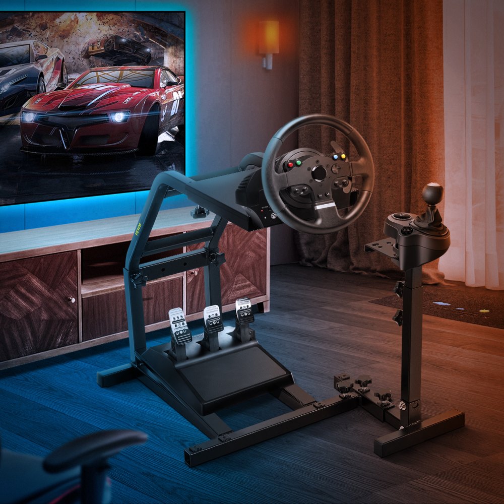 VEVOR racing simulator cockpit setup with steering wheel and pedals in modern room.