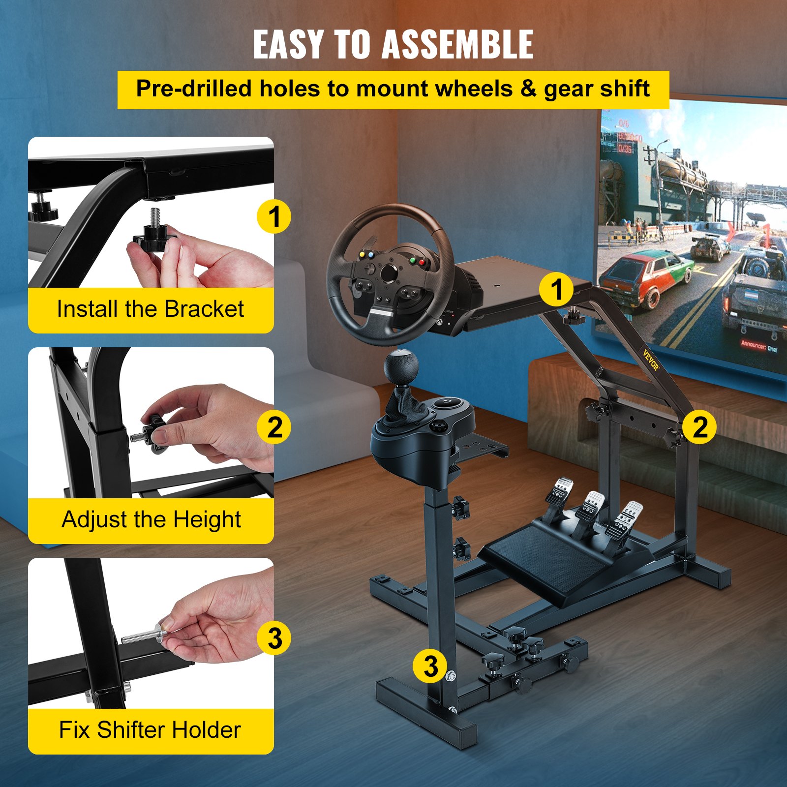 VEVOR racing simulator cockpit assembly process details with steering wheel and pedals.