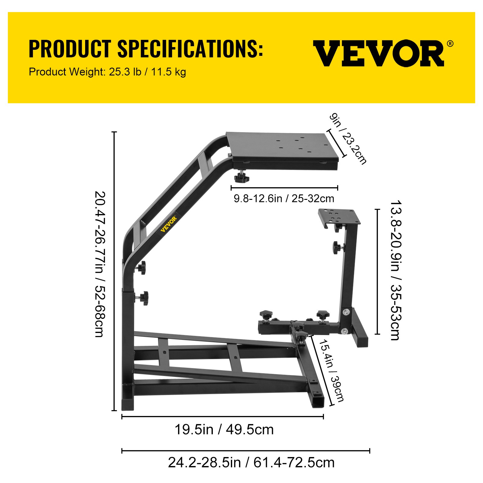 VEVOR racing simulator cockpit with adjustable dimensions and a weight of 25.3 lb.