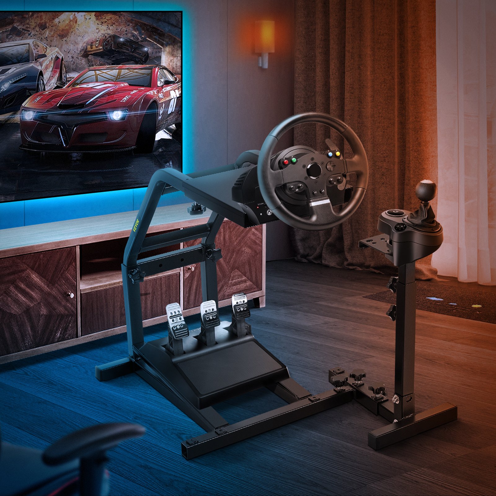 VEVOR racing simulator cockpit setup with steering wheel and pedals in modern room.