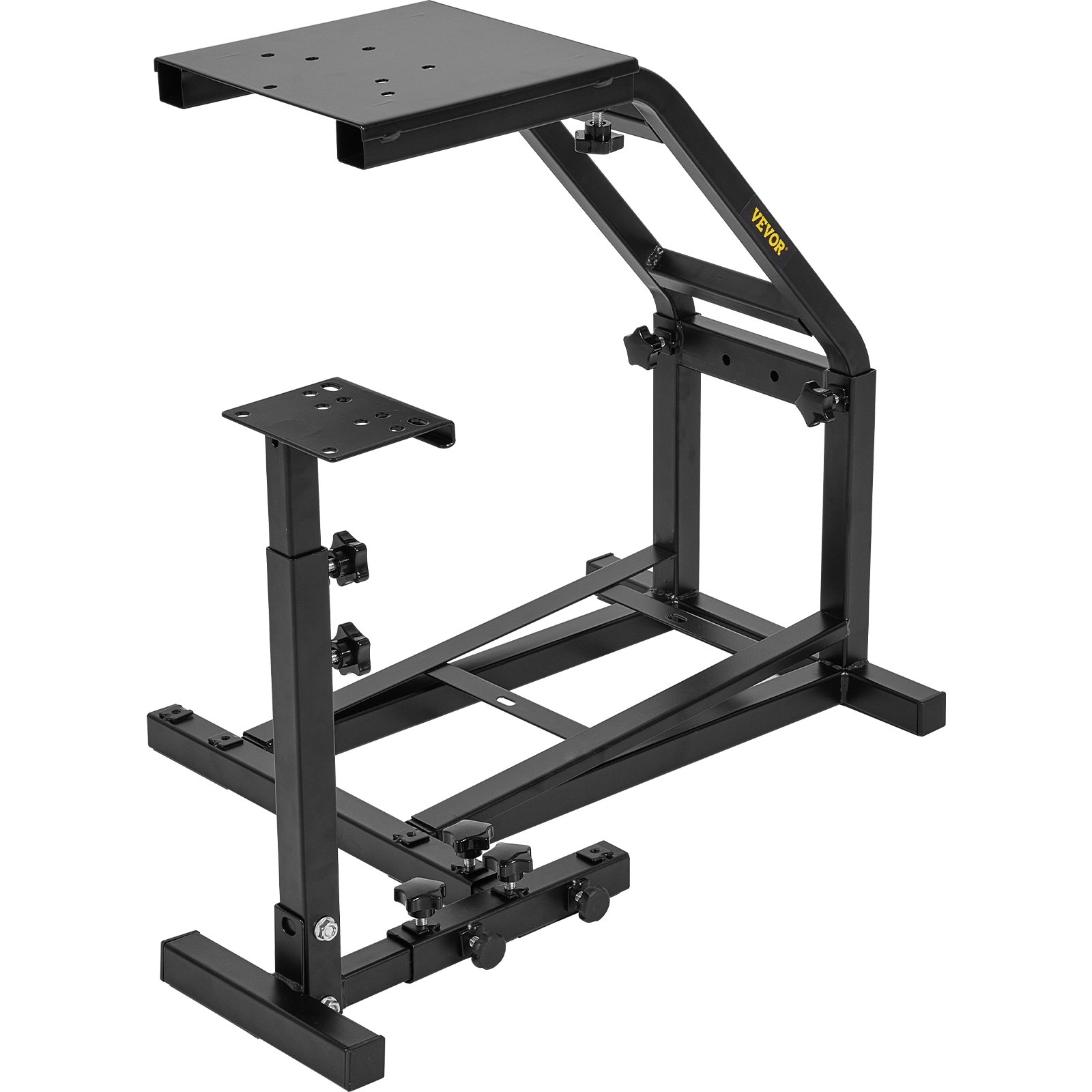 black VEVOR racing simulator cockpit frame with dual adjustable platforms.