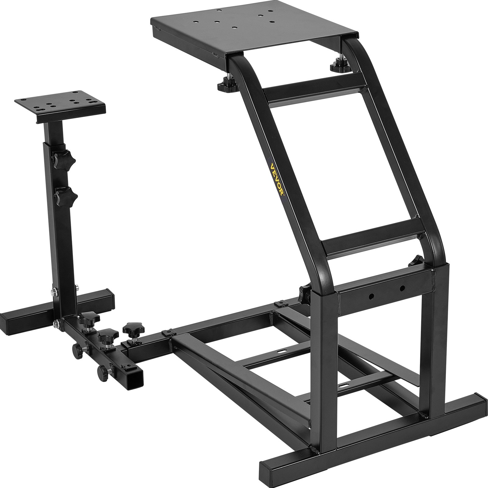 VEVOR racing simulator cockpit featuring adjustable black metal frame and sturdy base.