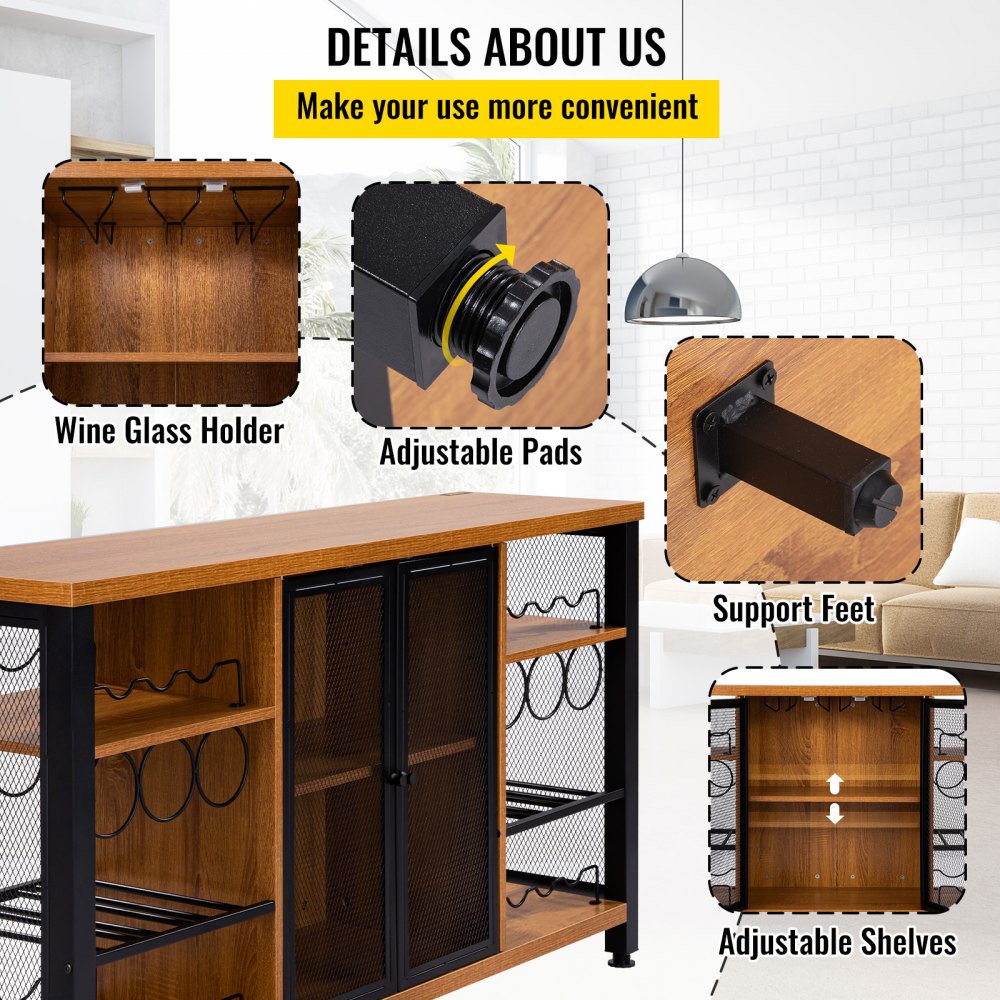 VEVOR industrial bar cabinet with wine glass holder, adjustable pads, support feet, and adjustable shelves.