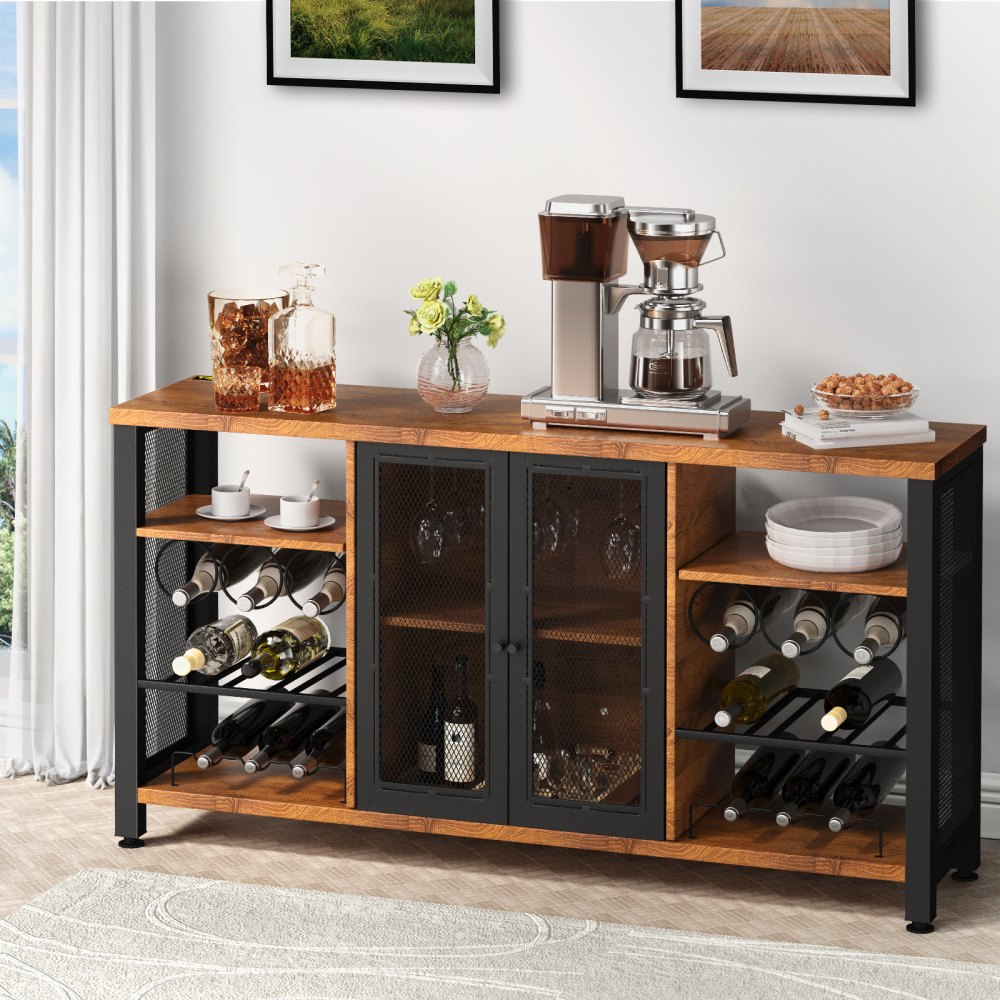 VEVOR industrial bar cabinet with wine storage, glass doors, coffee machine, and decorative items.