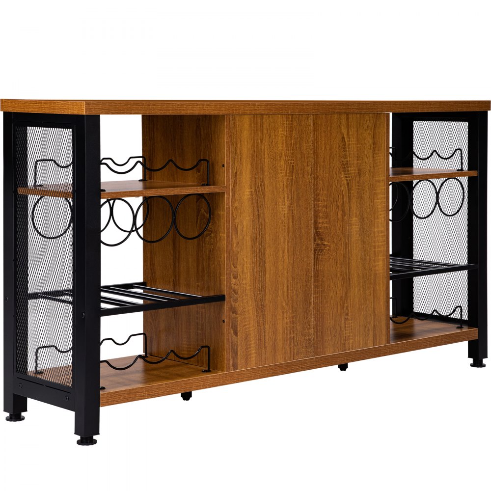wood and metal VEVOR industrial bar cabinet with wine storage shelves and mesh sides.