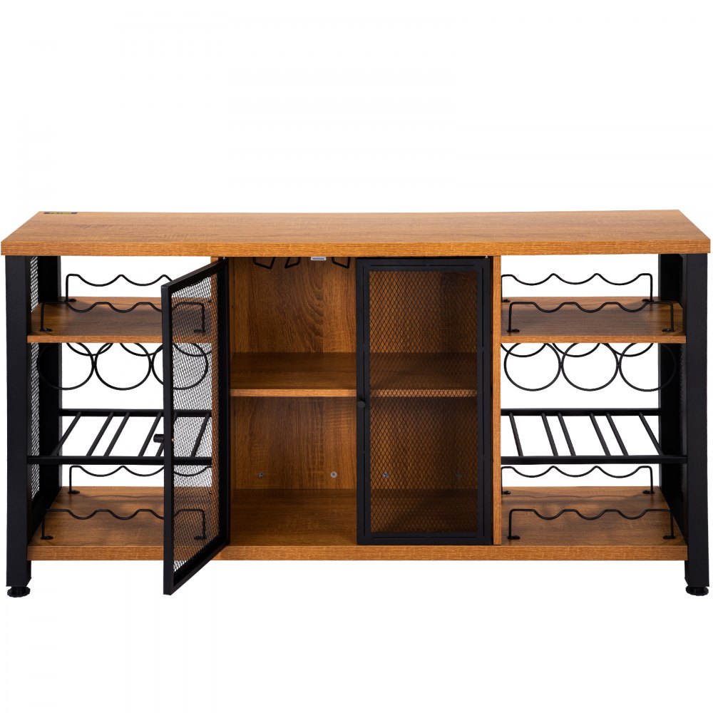 VEVOR industrial bar cabinet with wooden shelves, metal wine racks, and mesh cabinet doors.