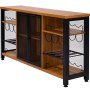 VEVOR industrial bar cabinet with mesh doors, wood shelves, black metal frame, and wine bottle storage.