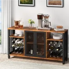 VEVOR Industrial Bar Cabinet, Wine Table for Liquor with Glass Holder, Wine Rack and Metal Sideboard, Farmhouse Wood Coffee Bar for Living Room, Dining Room (55 Inch, Rustic Oak)