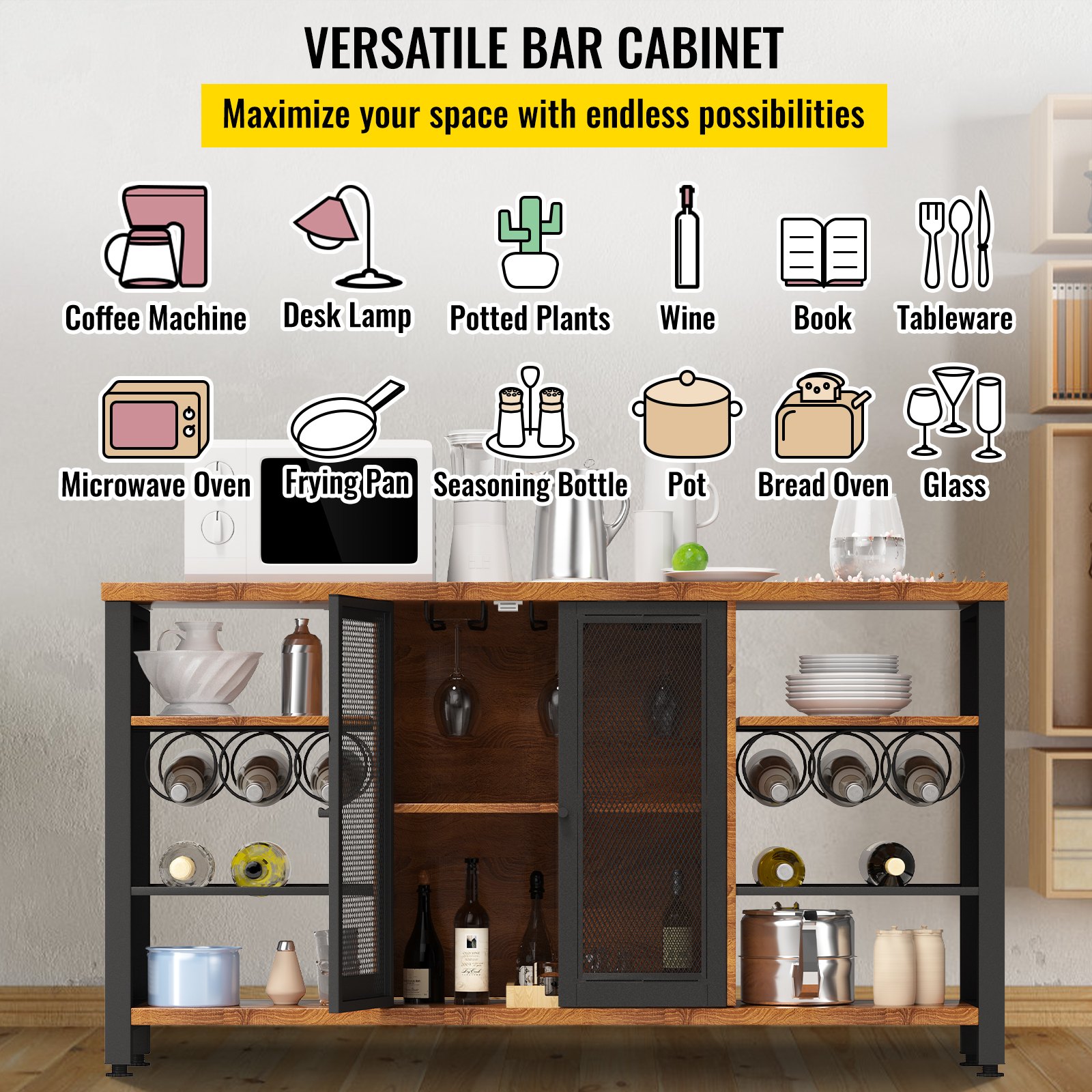 VEVOR industrial bar cabinet with multiple storage spaces for kitchenware and bar essentials.