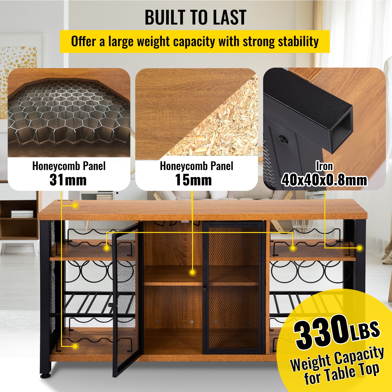 VEVOR industrial bar cabinet with strong honeycomb panels and iron frame, 330lbs table top capacity.