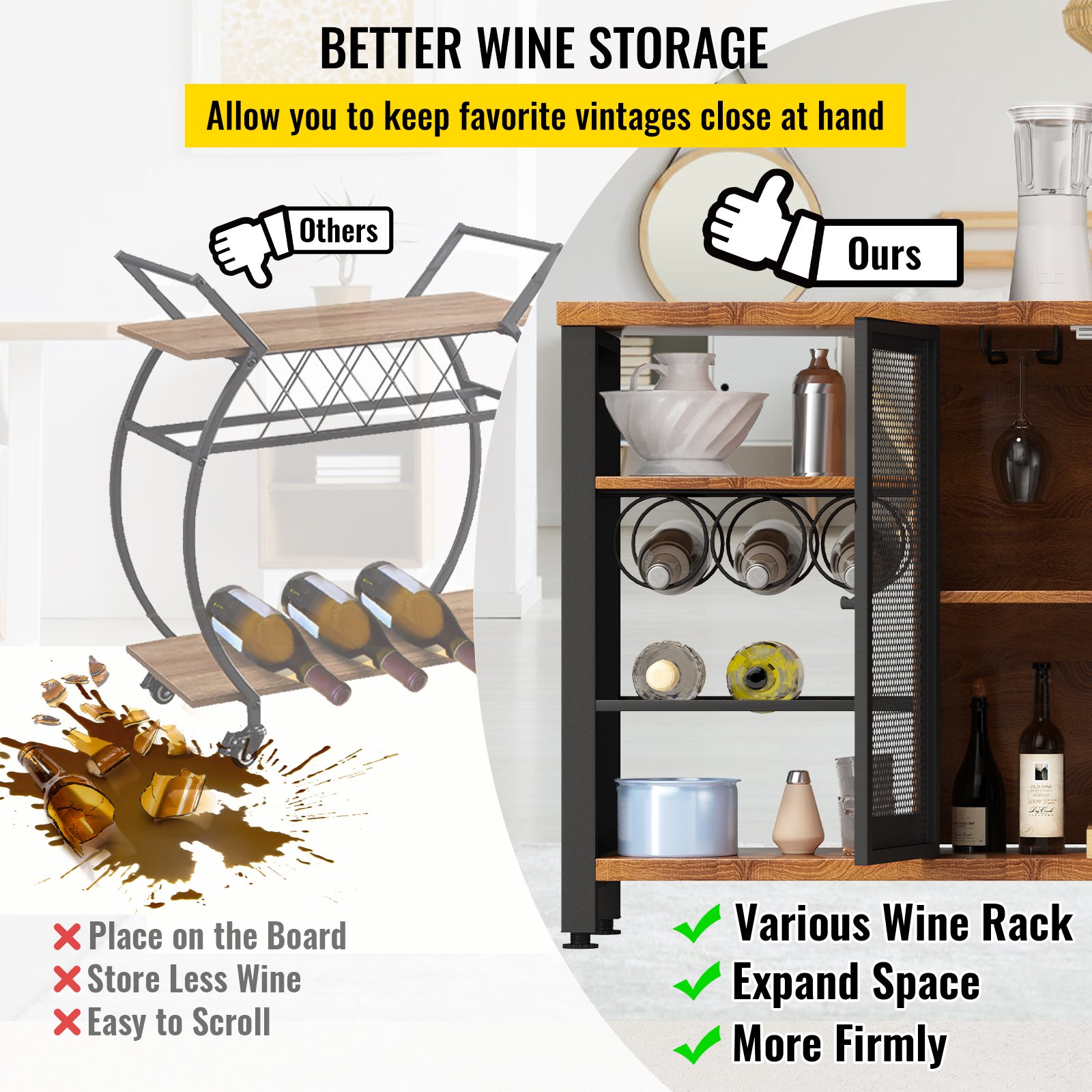 VEVOR industrial bar cabinet comparing wine storage options, showcasing enhanced capacity and stability.