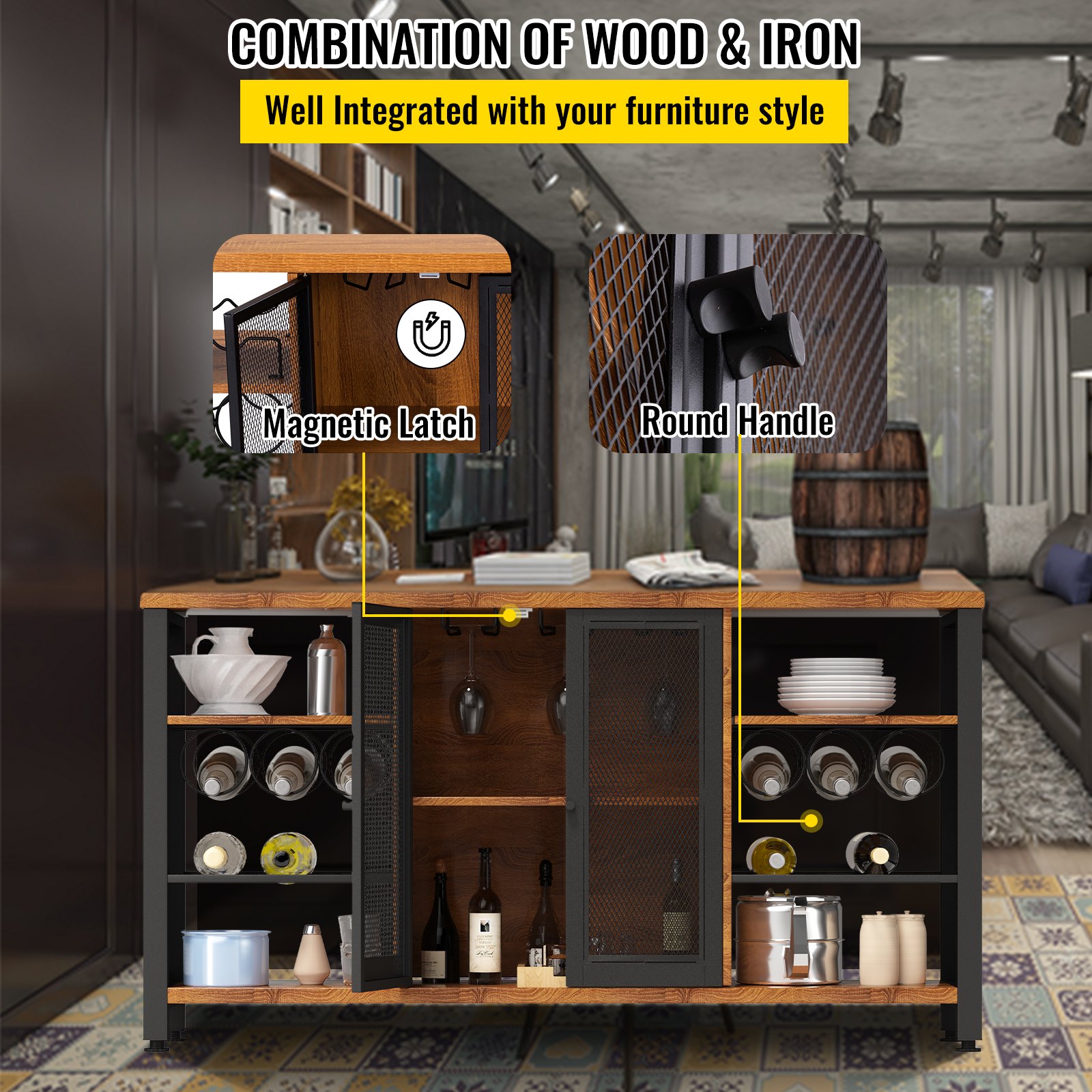 VEVOR industrial bar cabinet with magnetic latch, round handle, wood and iron combination in living room.
