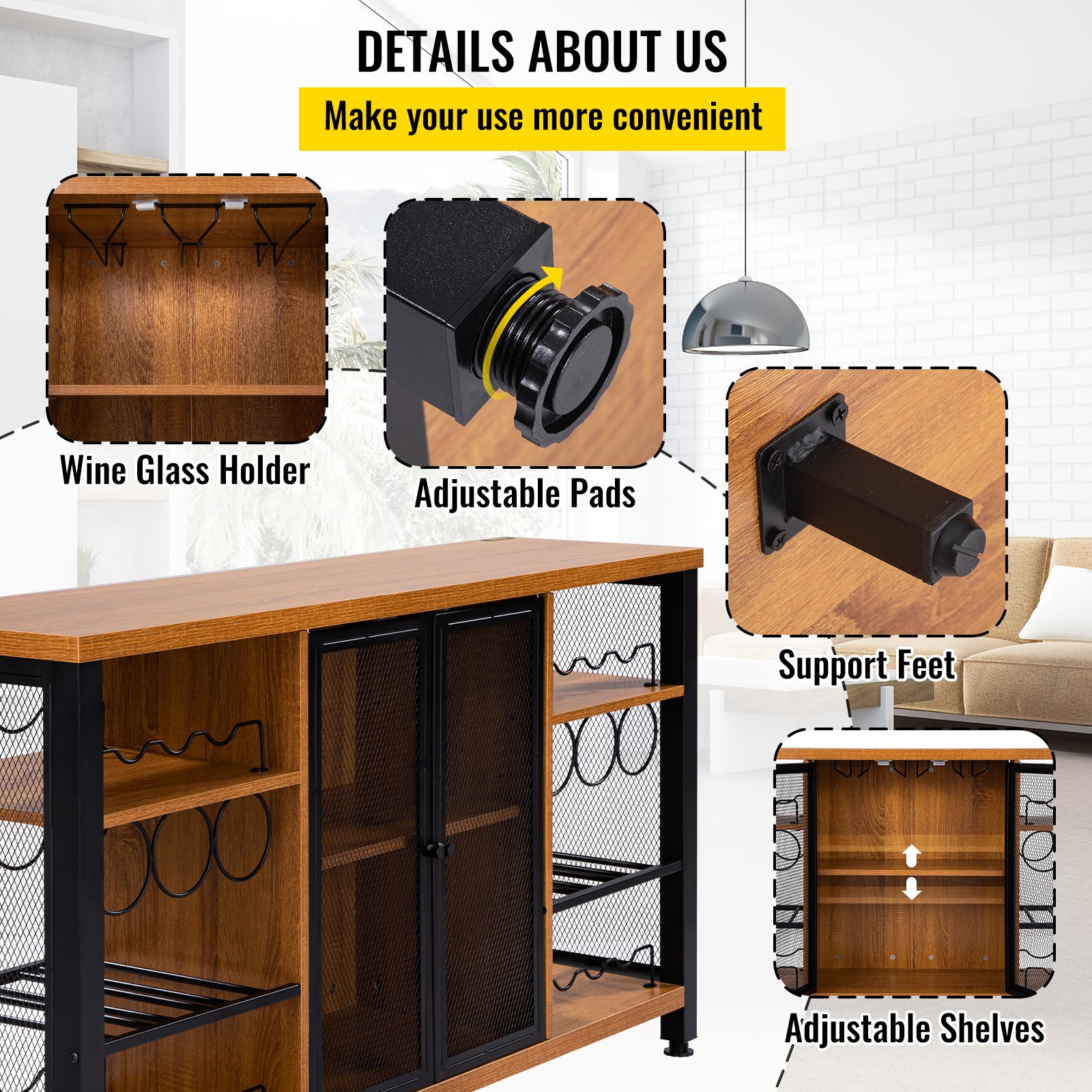 VEVOR industrial bar cabinet with wine glass holder, adjustable pads, support feet, and adjustable shelves.
